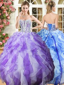 Stunning Floor Length White and Purple Quinceanera Gowns Sweetheart Sleeveless Lace Up