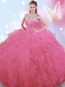 Wonderful High-neck Sleeveless Tulle 15th Birthday Dress Beading Zipper