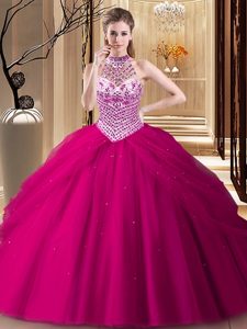 Classical Halter Top Tulle Sleeveless With Train Quinceanera Gown Brush Train and Beading and Pick Ups