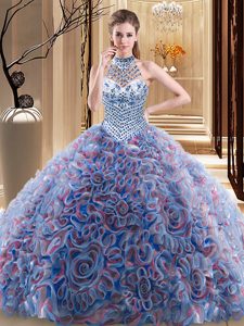 Halter Top With Train Multi-color Ball Gown Prom Dress Fabric With Rolling Flowers Brush Train Sleeveless Beading