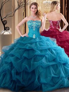 Sleeveless Tulle Floor Length Lace Up Sweet 16 Quinceanera Dress in Teal for with Embroidery and Ruffles