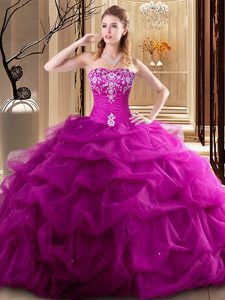 Great Fuchsia Tulle Lace Up Sweetheart Sleeveless Floor Length 15th Birthday Dress Embroidery and Pick Ups