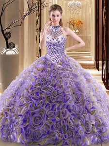 Halter Top Sleeveless Fabric With Rolling Flowers Quinceanera Dama Dress Beading Brush Train Lace Up