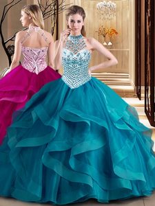 Hot Selling Teal Ball Gowns Halter Top Sleeveless Tulle With Brush Train Lace Up Beading and Ruffles Quinceanera Dress