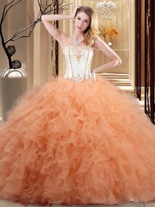 Coral Red Sweetheart Neckline Embroidery and Ruffles Ball Gown Prom Dress Sleeveless Lace Up