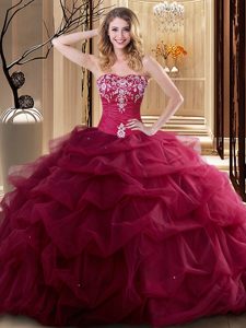 Fabulous Sweetheart Sleeveless 15th Birthday Dress Floor Length Embroidery Hot Pink Tulle