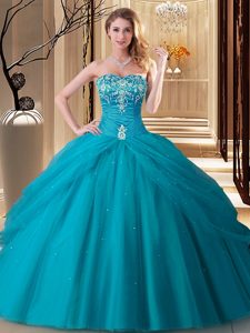 Modern Teal Sweetheart Neckline Embroidery Quinceanera Gown Sleeveless Lace Up