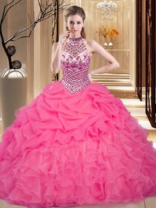 Halter Top Sleeveless Quinceanera Dress Floor Length Beading and Ruffles and Pick Ups Hot Pink Organza