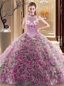 Comfortable Halter Top Multi-color Sleeveless Fabric With Rolling Flowers Brush Train Lace Up Quinceanera Dama Dress for Military Ball and Sweet 16 and Quinceanera