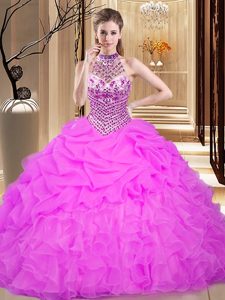 Modest Lilac Ball Gowns Organza Halter Top Sleeveless Beading and Ruffles and Pick Ups Floor Length Lace Up Sweet 16 Dress