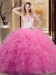 Luxurious Rose Pink Lace Up Strapless Embroidery Quinceanera Gown Tulle Sleeveless