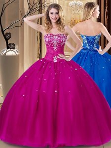 Nice Fuchsia Tulle Lace Up Sweetheart Sleeveless Floor Length Quinceanera Gown Beading and Embroidery