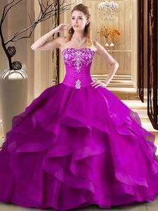 Graceful Fuchsia Lace Up Sweetheart Embroidery and Ruffles Vestidos de Quinceanera Tulle Sleeveless