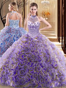 Halter Top Multi-color Sleeveless Fabric With Rolling Flowers Brush Train Lace Up Quinceanera Dama Dress for Military Ball and Sweet 16 and Quinceanera