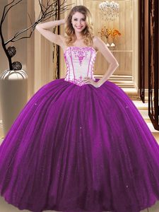 Tulle and Sequined Sleeveless Floor Length 15 Quinceanera Dress and Embroidery