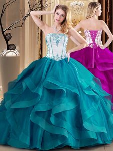 Fabulous Teal Strapless Neckline Embroidery Quinceanera Dresses Sleeveless Lace Up