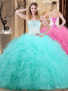 Blue Vestidos de Quinceanera Military Ball and Sweet 16 and Quinceanera and For with Embroidery Strapless Sleeveless Lace Up