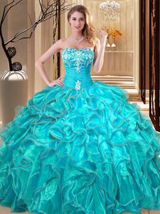 Sophisticated Aqua Blue Sleeveless Organza Lace Up Quinceanera Gown for Military Ball and Sweet 16 and Quinceanera