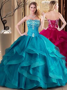 Sleeveless Tulle Floor Length Lace Up Vestidos de Quinceanera in Teal for with Embroidery and Ruffles