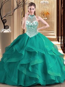 Suitable Halter Top Sleeveless Tulle 15th Birthday Dress Beading and Ruffles Brush Train Lace Up