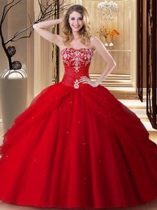 High Class Floor Length Lace Up Sweet 16 Quinceanera Dress Red and In for Military Ball and Sweet 16 and Quinceanera with Embroidery