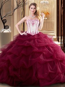 Cute Wine Red Strapless Lace Up Embroidery and Ruffled Layers 15th Birthday Dress Sleeveless