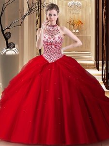 Halter Top Pick Ups With Train Ball Gowns Sleeveless Red Sweet 16 Dress Brush Train Lace Up