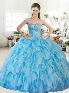 Baby Blue Lace Up 15th Birthday Dress Beading Sleeveless Floor Length