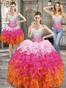 Three Piece Floor Length Multi-color Quinceanera Dresses Organza Sleeveless Beading