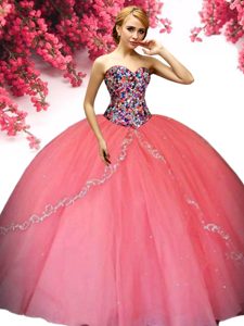 Watermelon Red Sleeveless Tulle Lace Up Quince Ball Gowns for Military Ball and Sweet 16 and Quinceanera