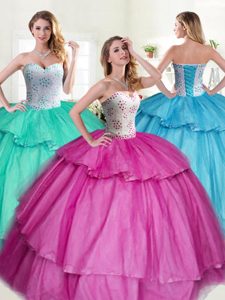 Comfortable Sleeveless Tulle Floor Length Lace Up Quinceanera Dresses in Fuchsia for with Beading and Ruffled Layers