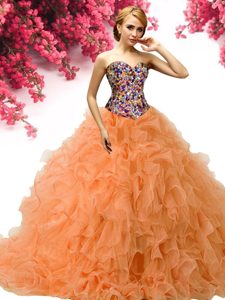 Popular Sweetheart Sleeveless Sweet 16 Quinceanera Dress Floor Length Beading and Ruffles Orange Organza