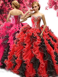 Popular Red And Black Sleeveless Floor Length Beading and Ruffles Lace Up Vestidos de Quinceanera