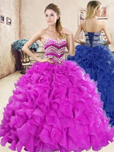 Classical Fuchsia Ball Gowns Sweetheart Sleeveless Organza Floor Length Lace Up Beading and Ruffles Sweet 16 Dress