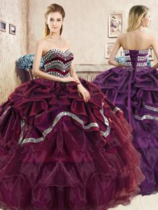 Burgundy and Purple Ball Gowns Sweetheart Sleeveless Organza Floor Length Lace Up Beading and Ruffled Layers and Pick Ups 15th Birthday Dress