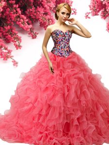 With Train Ball Gowns Sleeveless Coral Red Quinceanera Gowns Brush Train Lace Up