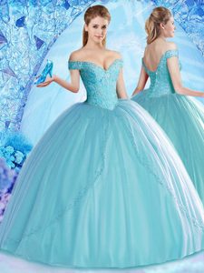 Aqua Blue Off The Shoulder Neckline Beading Sweet 16 Dresses Sleeveless Lace Up