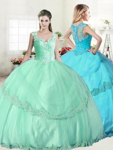 Classical Apple Green Tulle Lace Up Straps Sleeveless Floor Length Vestidos de Quinceanera Beading and Lace and Appliques