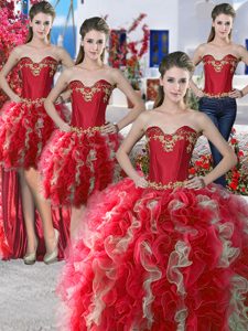 Exceptional Four Piece Red Quince Ball Gowns Military Ball and Sweet 16 and Quinceanera and For with Beading Sweetheart Sleeveless Lace Up