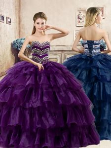 Stunning Pick Ups Dark Purple Sleeveless Organza and Taffeta Lace Up Sweet 16 Dresses for Military Ball and Sweet 16 and Quinceanera