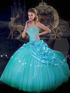 Blue Ball Gowns Beading and Pick Ups 15 Quinceanera Dress Lace Up Taffeta and Tulle Sleeveless Floor Length