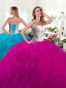 Fine Fuchsia Ball Gowns Beading and Ruffles 15 Quinceanera Dress Lace Up Tulle Sleeveless Floor Length