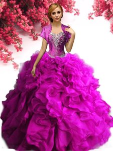 High End Floor Length Fuchsia Quinceanera Gowns Sweetheart Sleeveless Lace Up