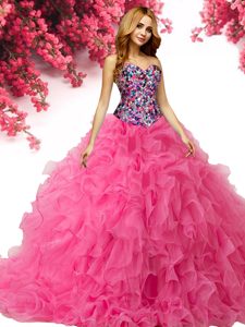 Trendy Hot Pink Ball Gown Prom Dress Military Ball and Sweet 16 and Quinceanera and For with Beading and Ruffles Sweetheart Sleeveless Lace Up