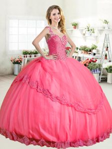 Hot Pink Halter Top Neckline Beading and Appliques 15 Quinceanera Dress with Jewelry Sleeveless Lace Up