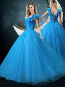 Most Popular Blue Quinceanera Dress Military Ball and Sweet 16 and Quinceanera and For with Appliques V-neck Cap Sleeves Lace Up