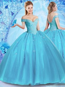 Ball Gowns 15 Quinceanera Dress Baby Blue Off The Shoulder Tulle Sleeveless Floor Length Lace Up