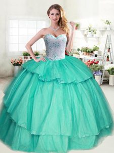 Stunning Apple Green Lace Up Sweetheart Beading and Ruffled Layers Ball Gown Prom Dress Tulle Sleeveless