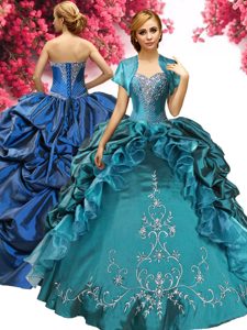 Teal Quince Ball Gowns Military Ball and Sweet 16 and Quinceanera and For with Beading and Embroidery and Pick Ups Sweetheart Sleeveless Lace Up