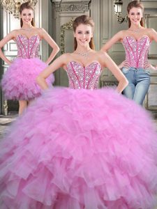 Three Piece Lilac Ball Gowns Beading Quinceanera Gowns Lace Up Tulle Sleeveless Floor Length